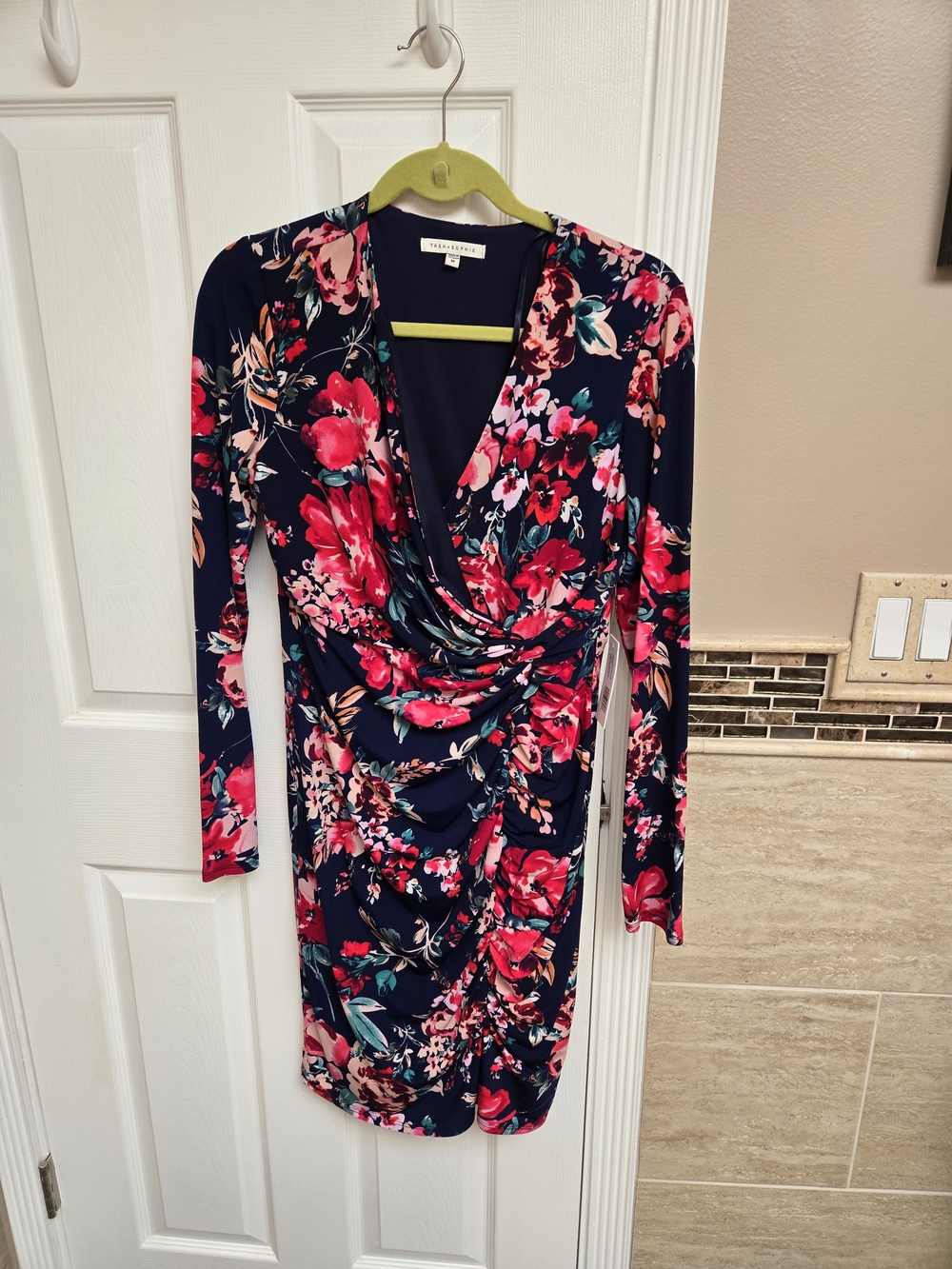 Tash + Sophie Navy Floral Ruched Long-Sleeve Wrap-Style Dress NWT